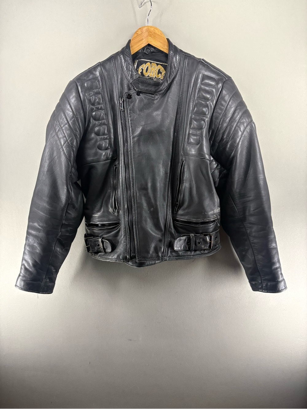 Vtg Black Leather Padded Motorcycle Jacket Force  Size 42 Moto Racing